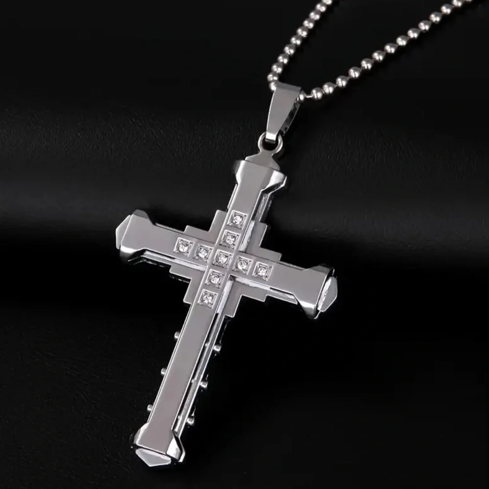 Large Titanium Steel Cross Pendant Diamond Necklace